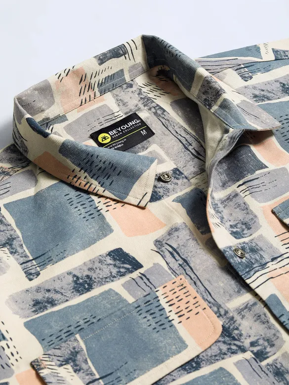 Peach and Beige Cotton Abstract Shacket