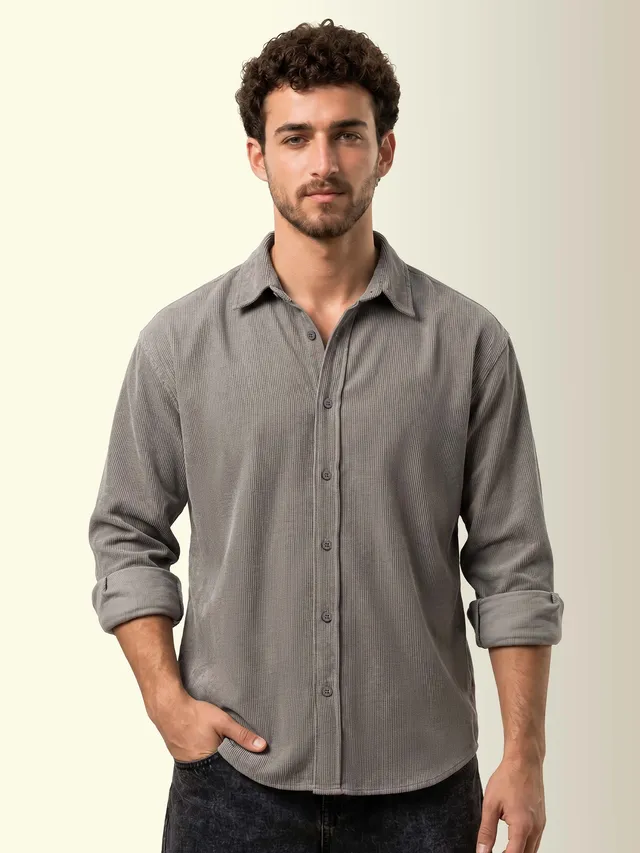 Grey Textured Corduroy Shirt