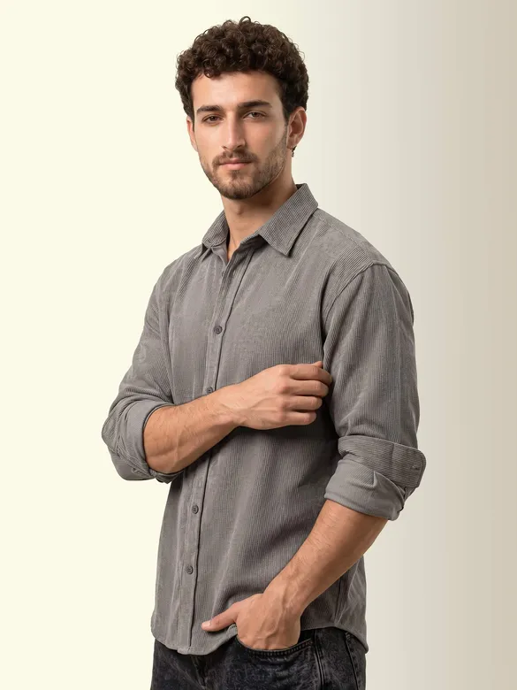 Grey Textured Corduroy Shirt