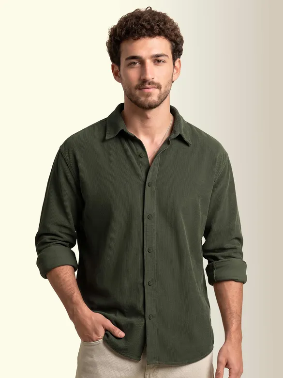 Olive Green Textured Corduroy Shirt