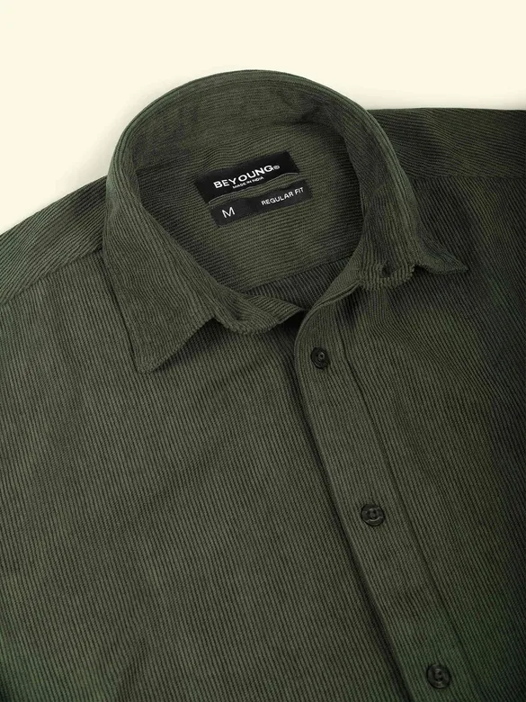Olive Green Textured Corduroy Shirt