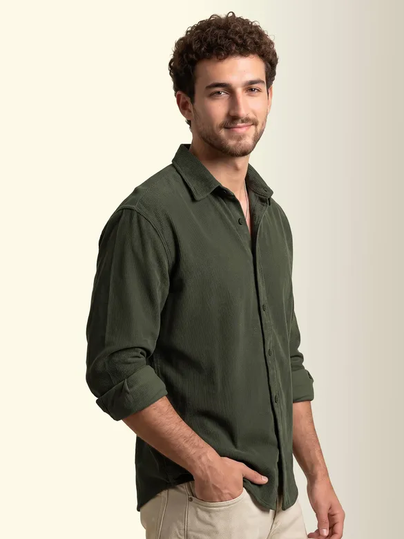 Olive Green Textured Corduroy Shirt