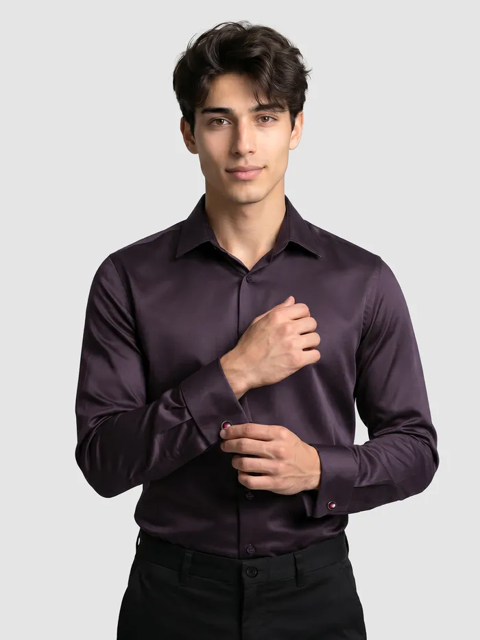 Dark Wine Double Cuff Satin Shirt