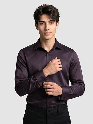 Dark Wine Double Cuff Satin Shirt