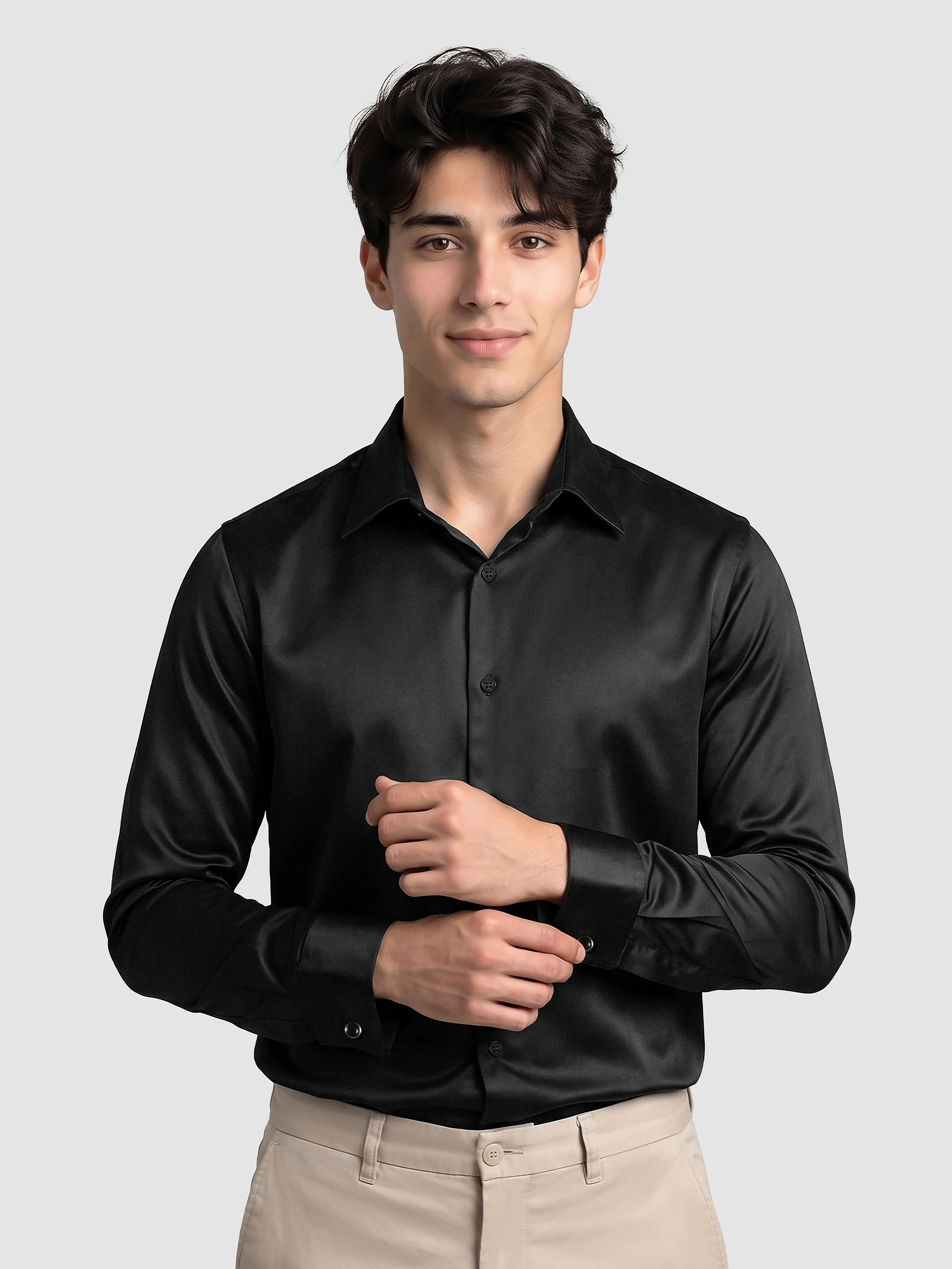 Black Double Cuff Satin Shirt