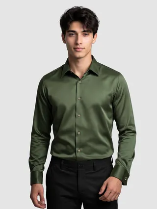 Dark Green Double Cuff Satin Shirt