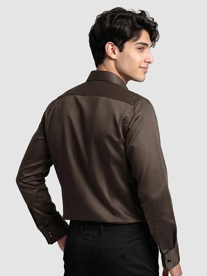 Brown Double Cuff Satin Shirt