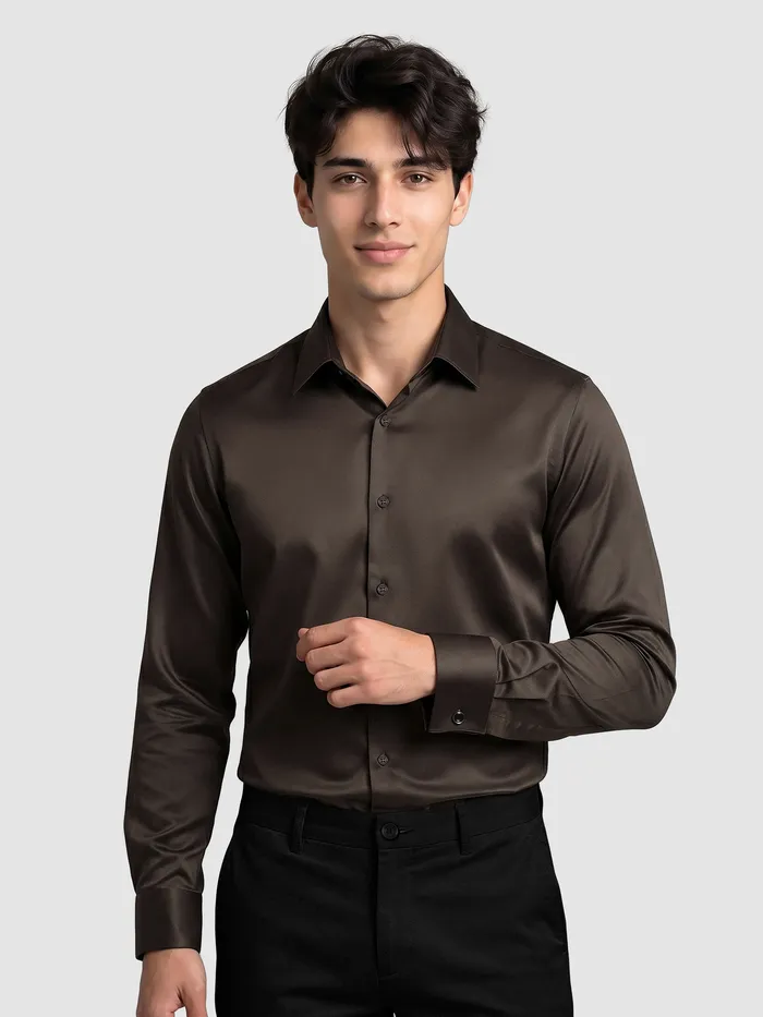 Brown Double Cuff Satin Shirt