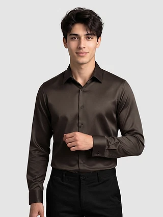 Brown Double Cuff Satin Shirt