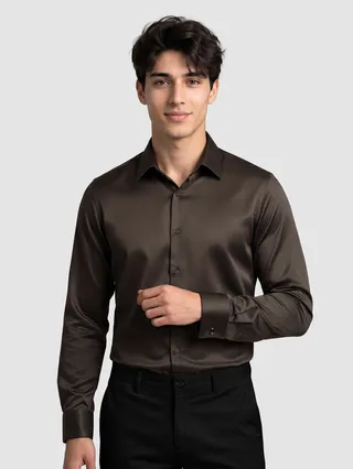 Brown Double Cuff Satin Shirt