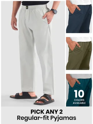 Mens pyjama pants - regular-fit with 'Pick Any 2' offer and '8 colors available' note.