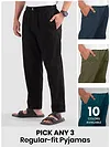 Mens pyjama pants with regular fit in different colors with text "Pick any 3" and "8 colors available."