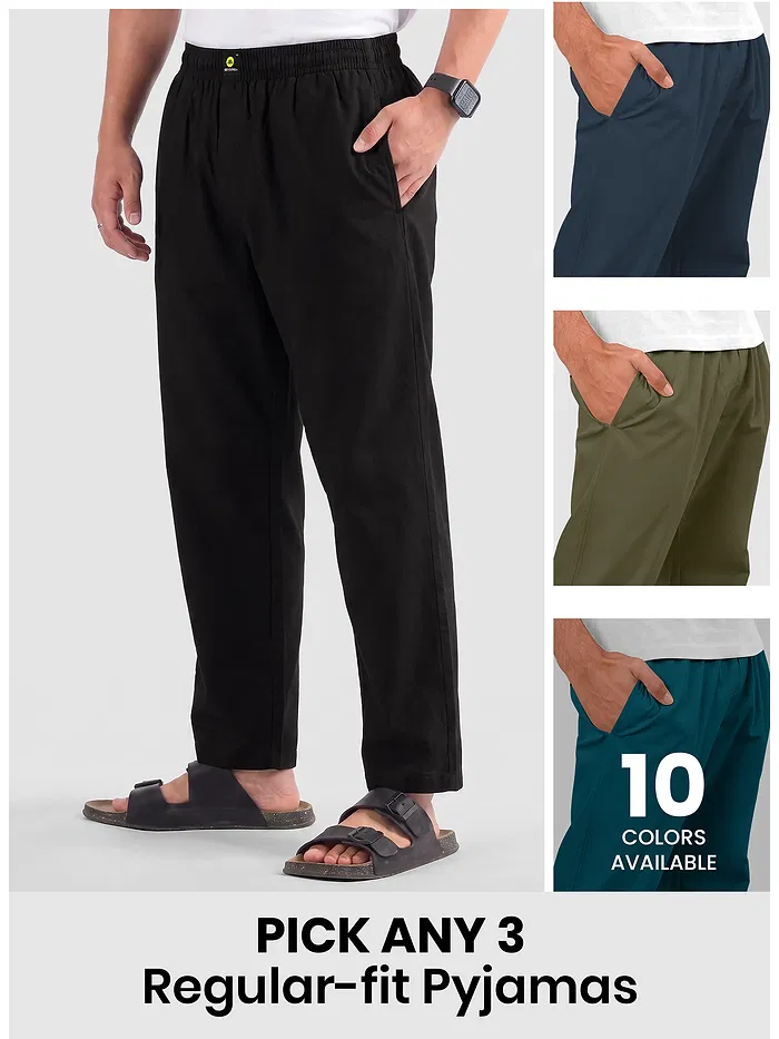 Mens pyjama pants with regular fit in different colors with text "Pick any 3" and "8 colors available."