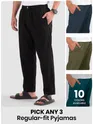 Mens pyjama pants with regular fit in different colors with text "Pick any 3" and "8 colors available."