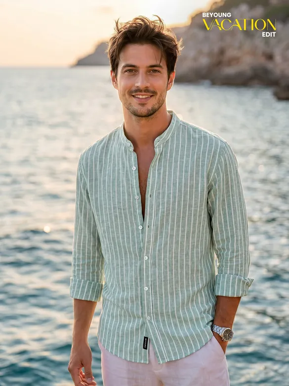 Green Linen Striped Shirt