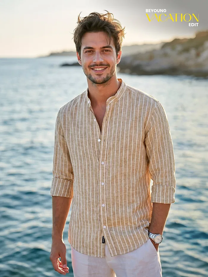 Sand Brown Linen Striped Shirt