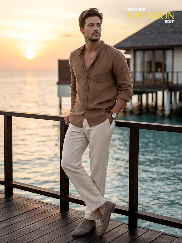 Beige Textured Summer Pants