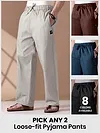 Mens pyjama pants - with fit available as loose-fit in different colors with text "Pick any 2" and "6 colors available" 