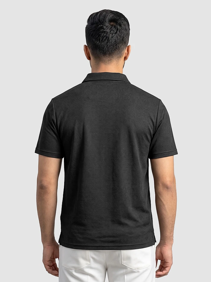Black Geometric Jacquard Textured Zipper Polo T-Shirt