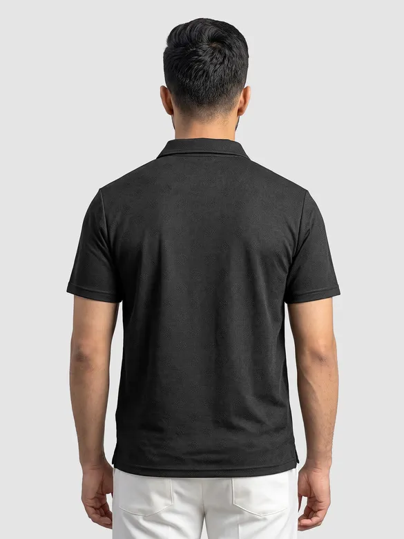 Black Geometric Jacquard Textured Zipper Polo T-Shirt