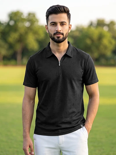 Black Geometric Jacquard Textured Zipper Polo T-Shirt
