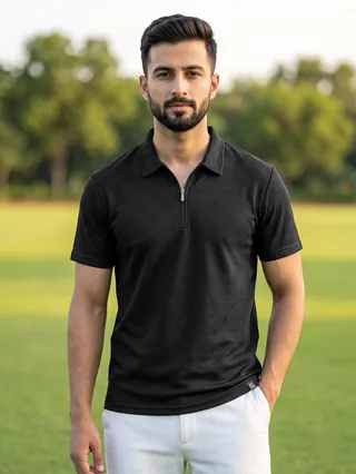 Black Geometric Jacquard Textured Zipper Polo T-Shirt