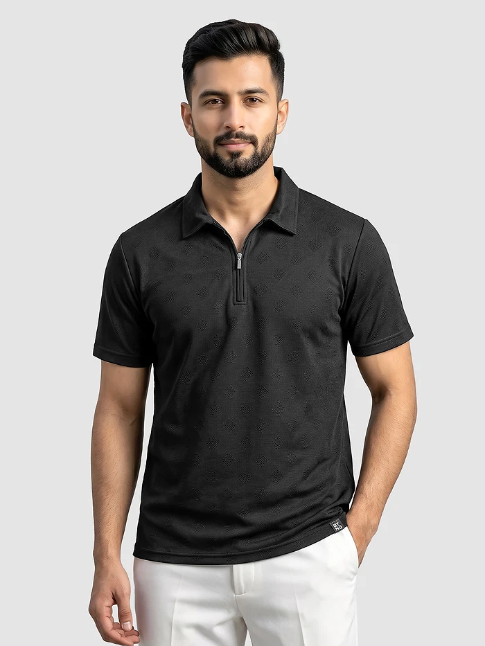 Black Geometric Jacquard Textured Zipper Polo T-Shirt