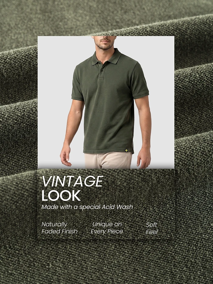 Deep Olive Acid Wash Polo T-shirt