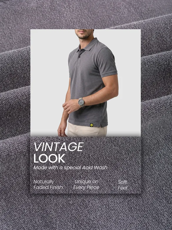 Grey Acid Wash Polo T-shirt