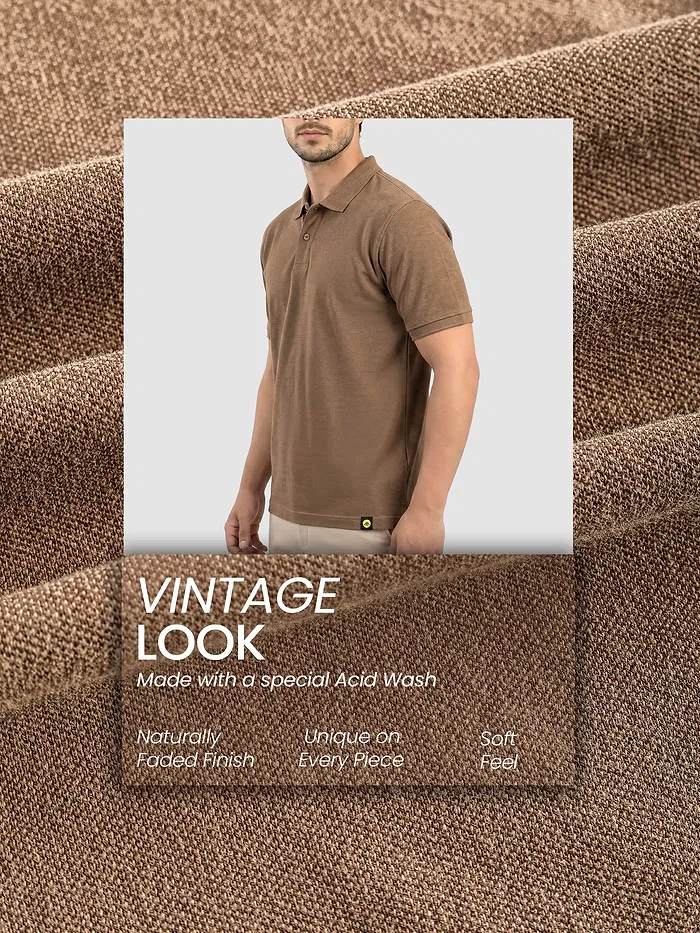 Sand Brown Acid Wash Polo T-shirt