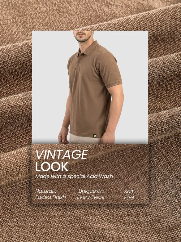 Sand Brown Acid Wash Polo T-shirt