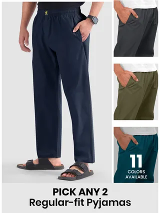 Mens pyjama pants - regular-fit with 'Pick Any 2' offer and '8 colors available' note.