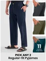 Mens pyjama pants - regular-fit with 'Pick Any 2' offer and '8 colors available' note.