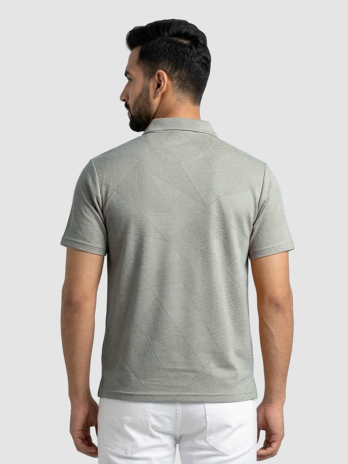 Silver fox Grey Geometric Jacquard Textured Zipper Polo T-Shirt