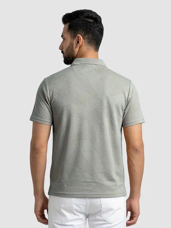 Silver fox Grey Geometric Jacquard Textured Zipper Polo T-Shirt