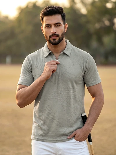  Silver fox Grey Geometric Jacquard Textured Zipper Polo T-Shirt