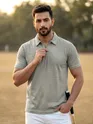  Silver fox Grey Geometric Jacquard Textured Zipper Polo T-Shirt