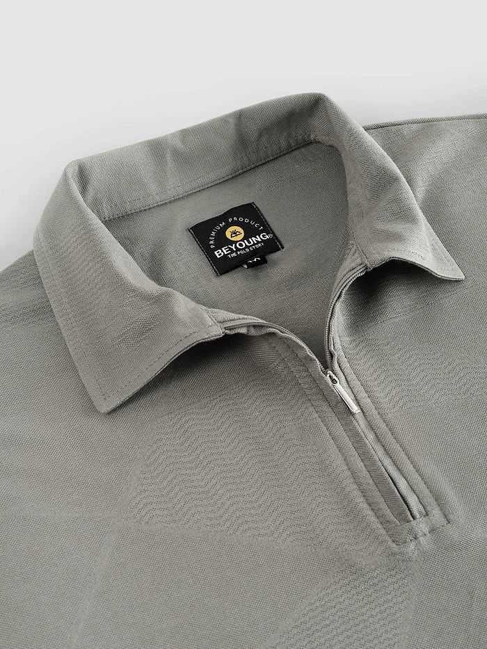 Silver fox Grey Geometric Jacquard Textured Zipper Polo T-Shirt