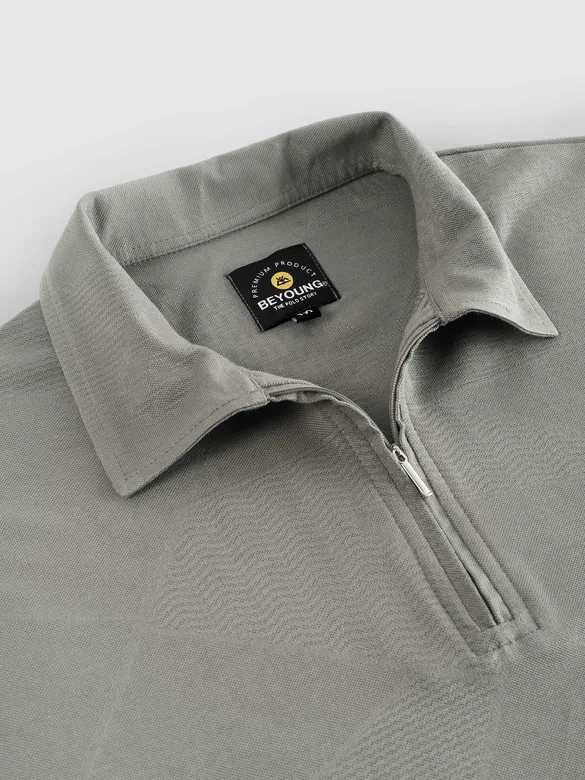 Silver fox Grey Geometric Jacquard Textured Zipper Polo T-Shirt