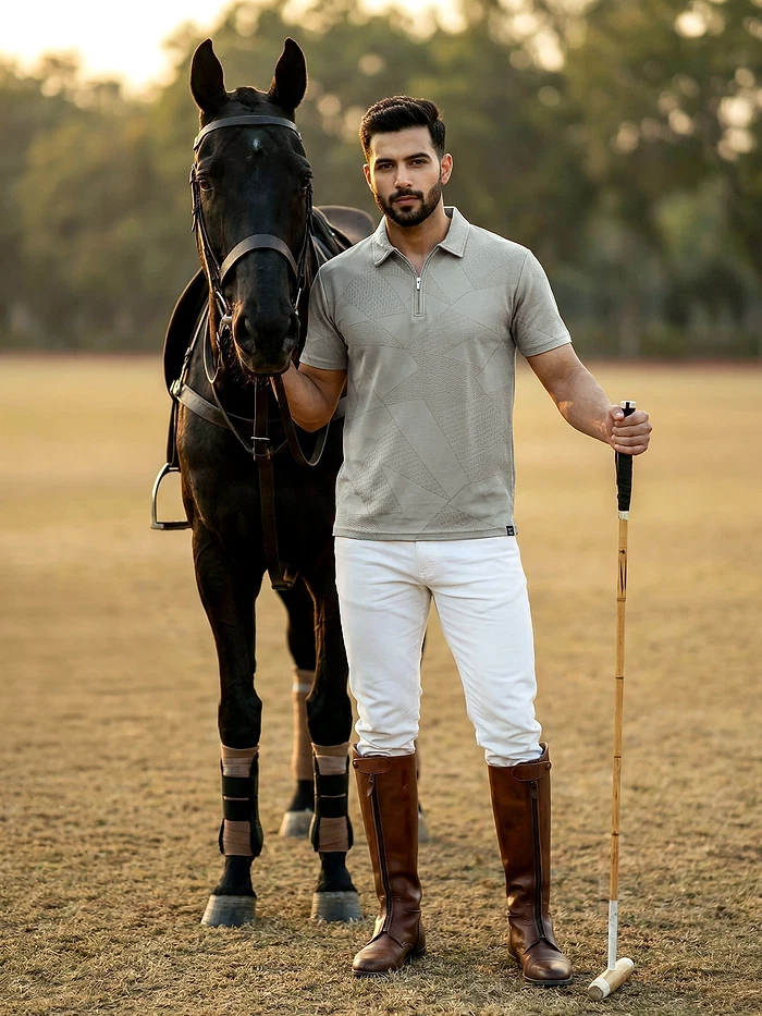 Silver fox Grey Geometric Jacquard Textured Zipper Polo T-Shirt