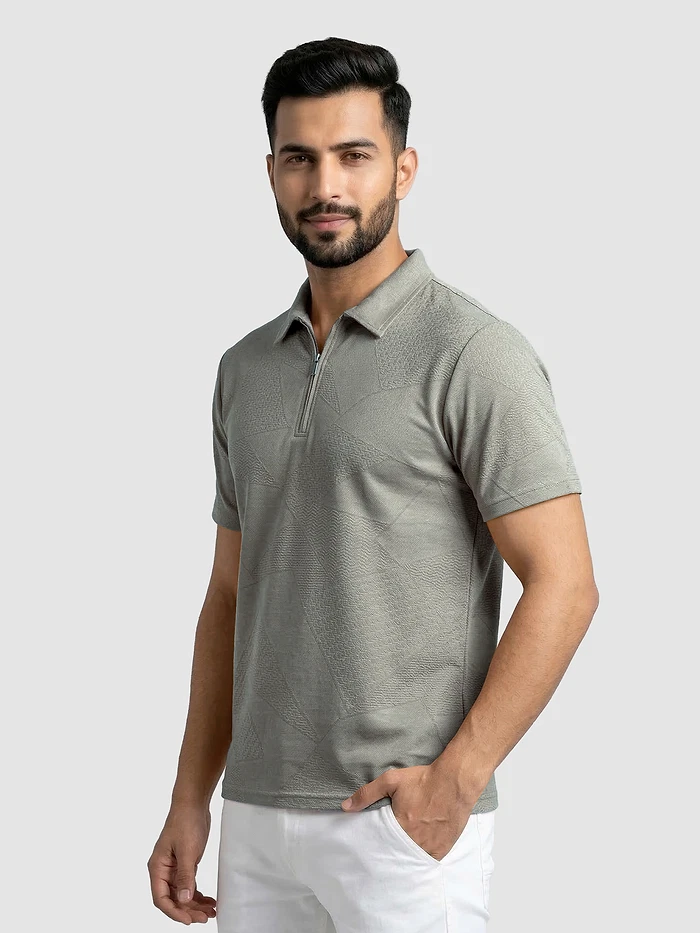 Silver fox Grey Geometric Jacquard Textured Zipper Polo T-Shirt
