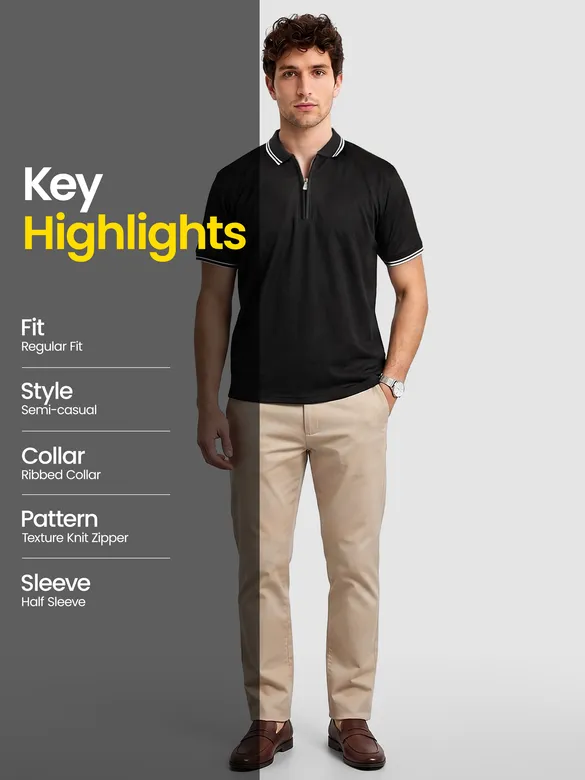 Black Texture Knit Zipper Polo T-shirt