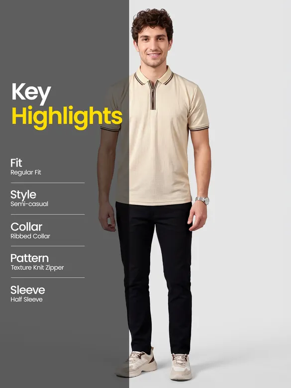 Cream Texture Knit Zipper Polo T-shirt