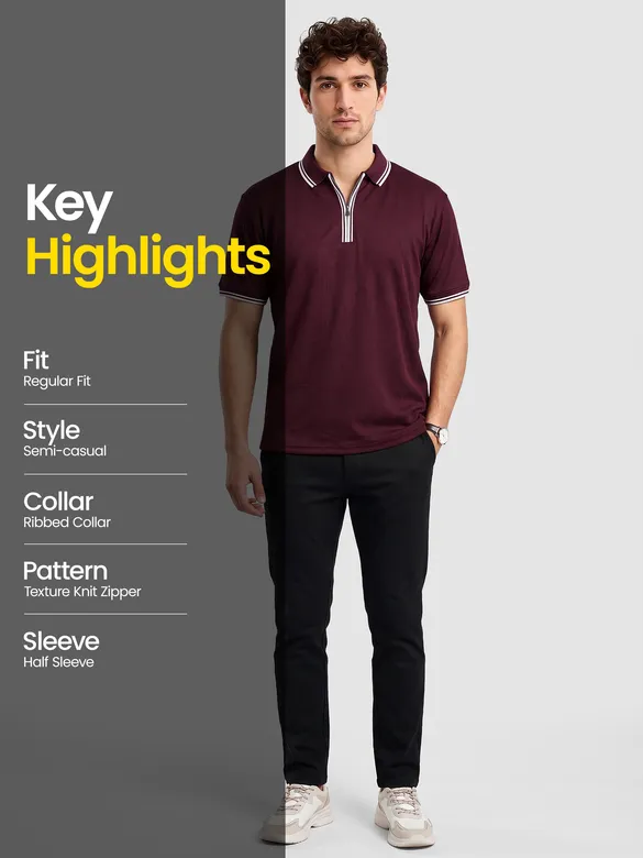 Wine Texture Knit Zipper Polo T-shirt