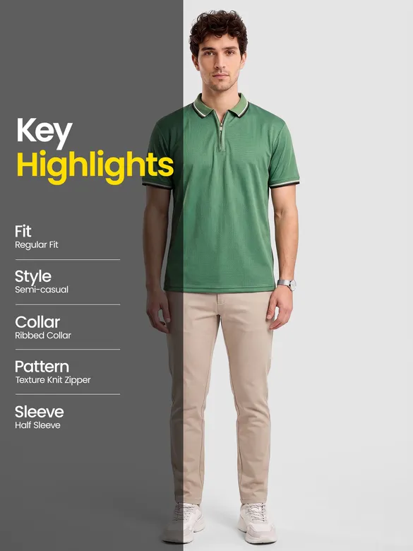 Sage Green Texture Knit Zipper Polo T-shirt