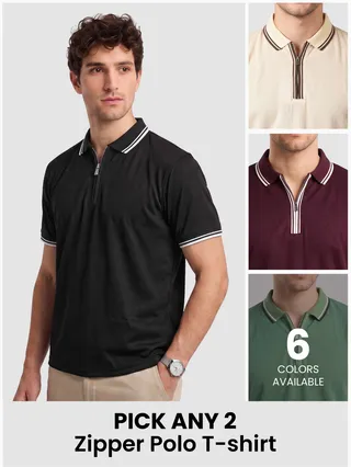 Mens Zipper Polo T-Shirt - with fit available as regular-fit in different colors with text "Pick any 2" and "6 colors available" 
