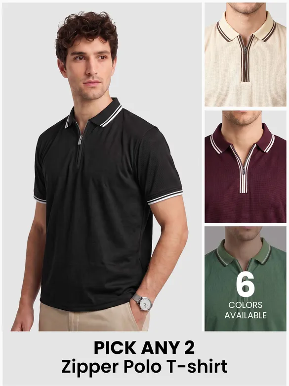 Mens Zipper Polo T-Shirt - with fit available as regular-fit in different colors with text "Pick any 2" and "6 colors available" 