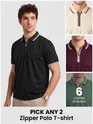 Mens Zipper Polo T-Shirt - with fit available as regular-fit in different colors with text "Pick any 2" and "6 colors available" 