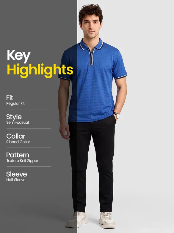 Royal Blue Texture Knit Zipper Polo T-shirt