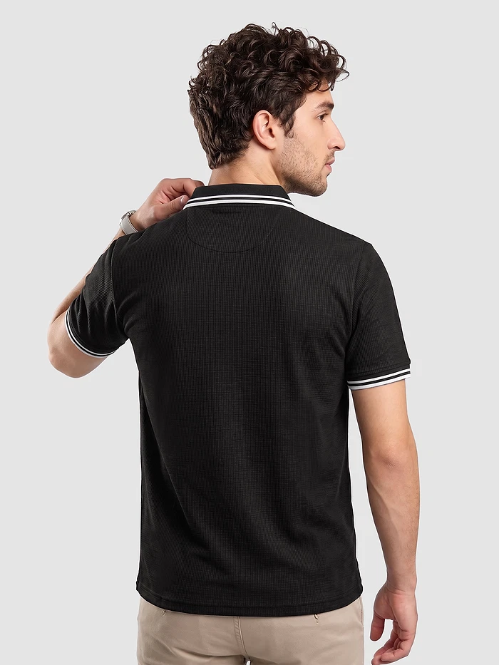 Black Texture Knit Zipper Polo T-shirt